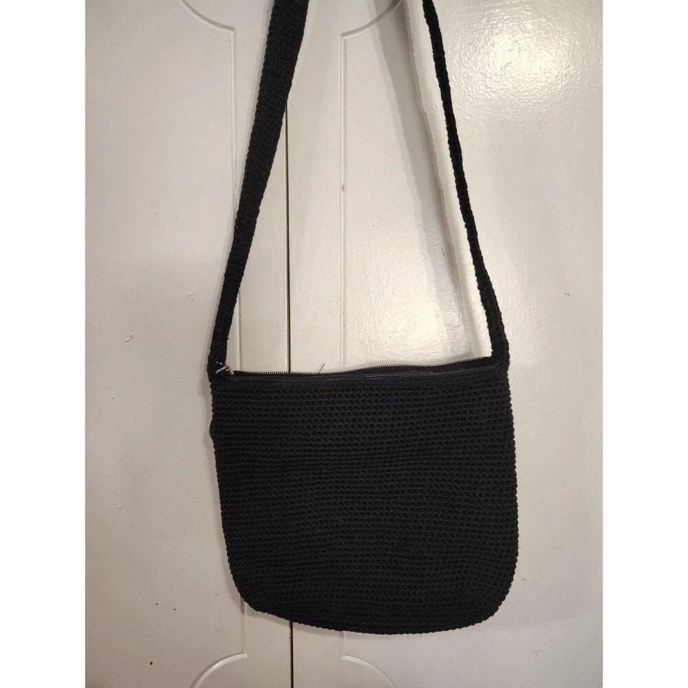 The Sak Black Crochet Shoulder Bag Purse Top Zip Closure Small
